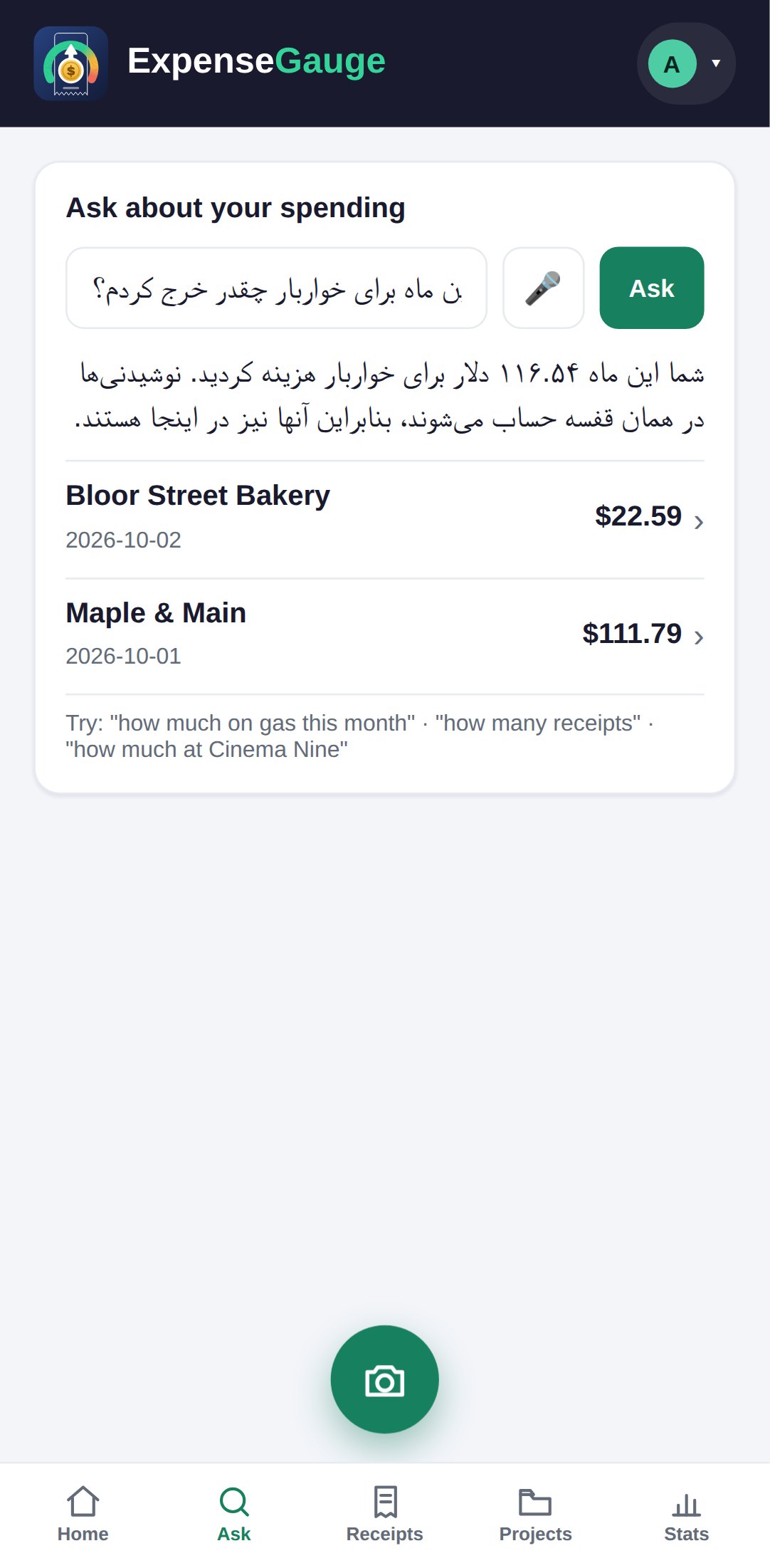 The Ask screen of ExpenseGauge on a phone with a question typed in Persian asking how much was spent on groceries this month. The answer is a Persian sentence, laid out right to left, saying $116.54 was spent on groceries, with the Bloor Street Bakery and Maple and Main receipts listed beneath it.