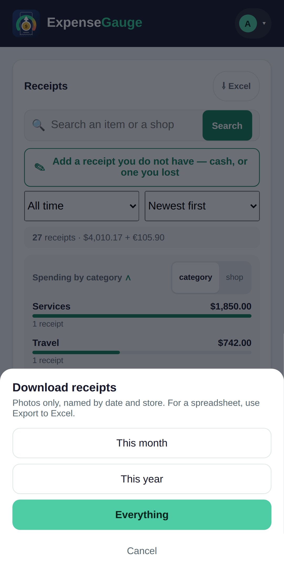 The download sheet of ExpenseGauge on a phone titled download receipts, explaining that it downloads the photos only, named by date and store, and that a spreadsheet comes from export to Excel. Buttons offer this month, this year and everything, with a cancel button below.