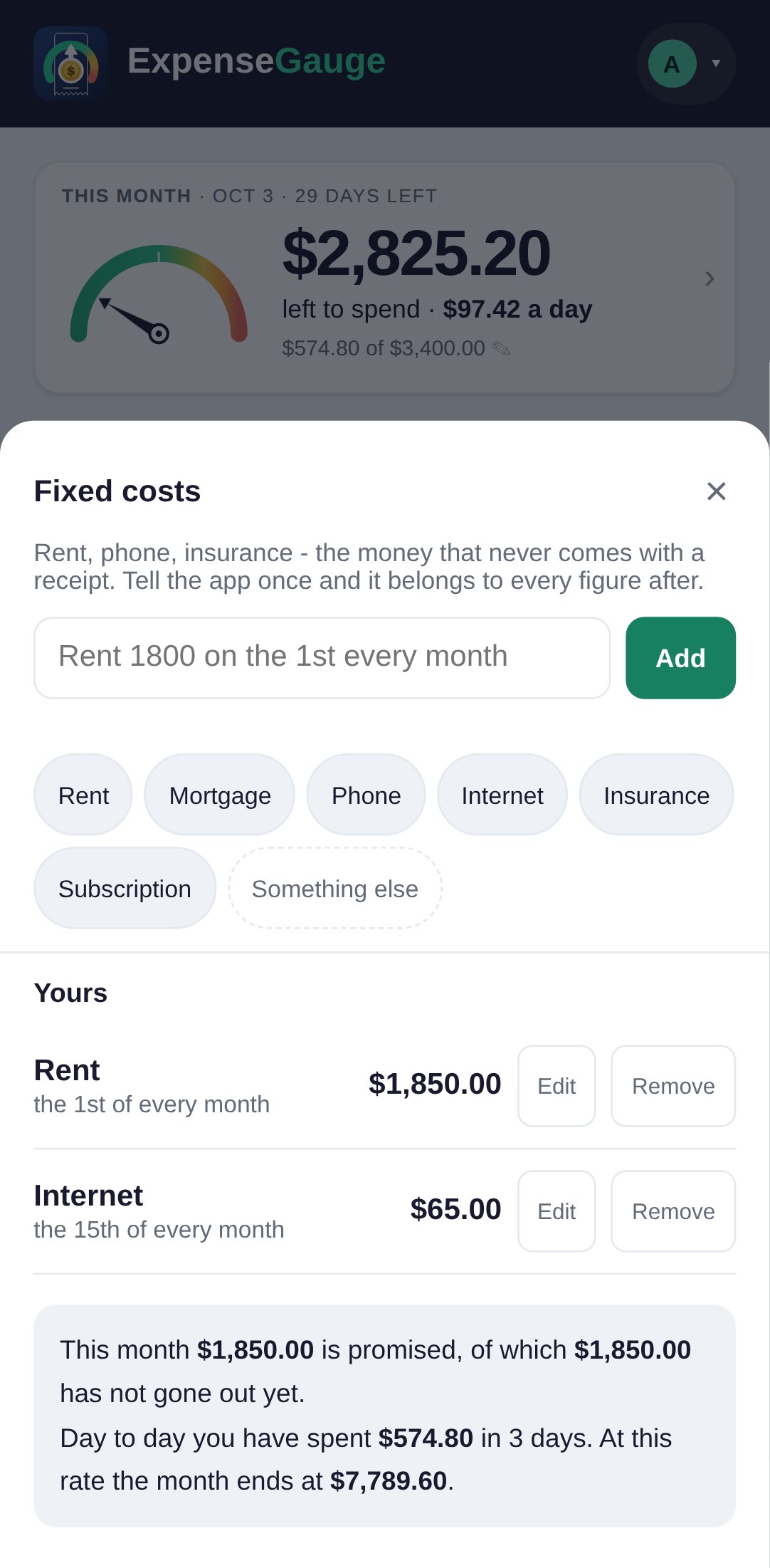 The Fixed costs sheet of ExpenseGauge on a phone. A box to type a line such as rent 1800 on the 1st every month, quick buttons for rent, mortgage, phone, internet, insurance, subscription and something else, and the costs already added: rent $1,850.00 on the 1st of every month and internet $65.00 on the 15th. A summary says how much of this month is promised and how much has not gone out yet.