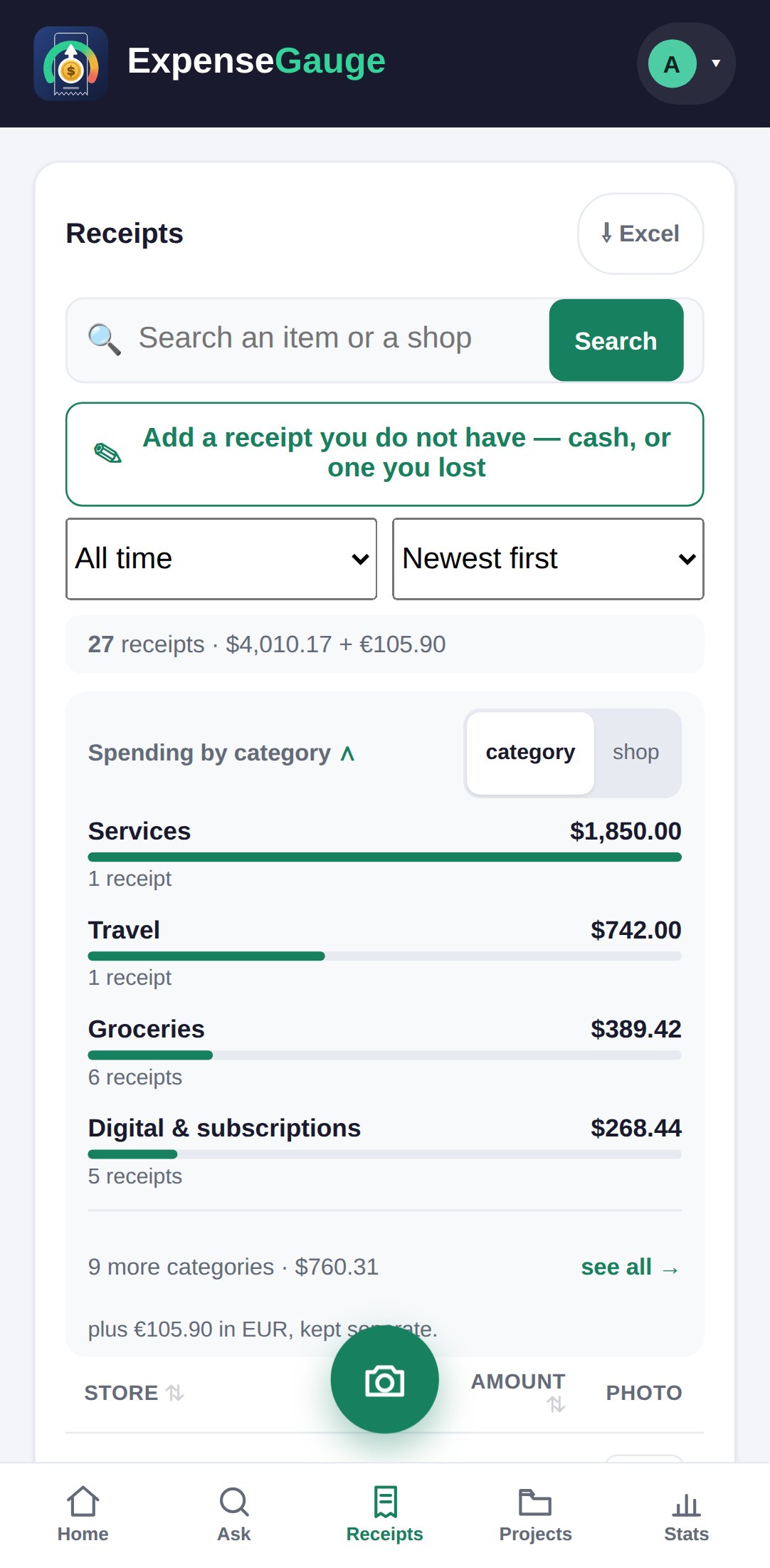 The receipts list of ExpenseGauge on a phone: a search box, an Excel button, the button to add a receipt you do not have, filters for the period and the order, the total for everything, the spending by category with bars, and the first receipts of the month.