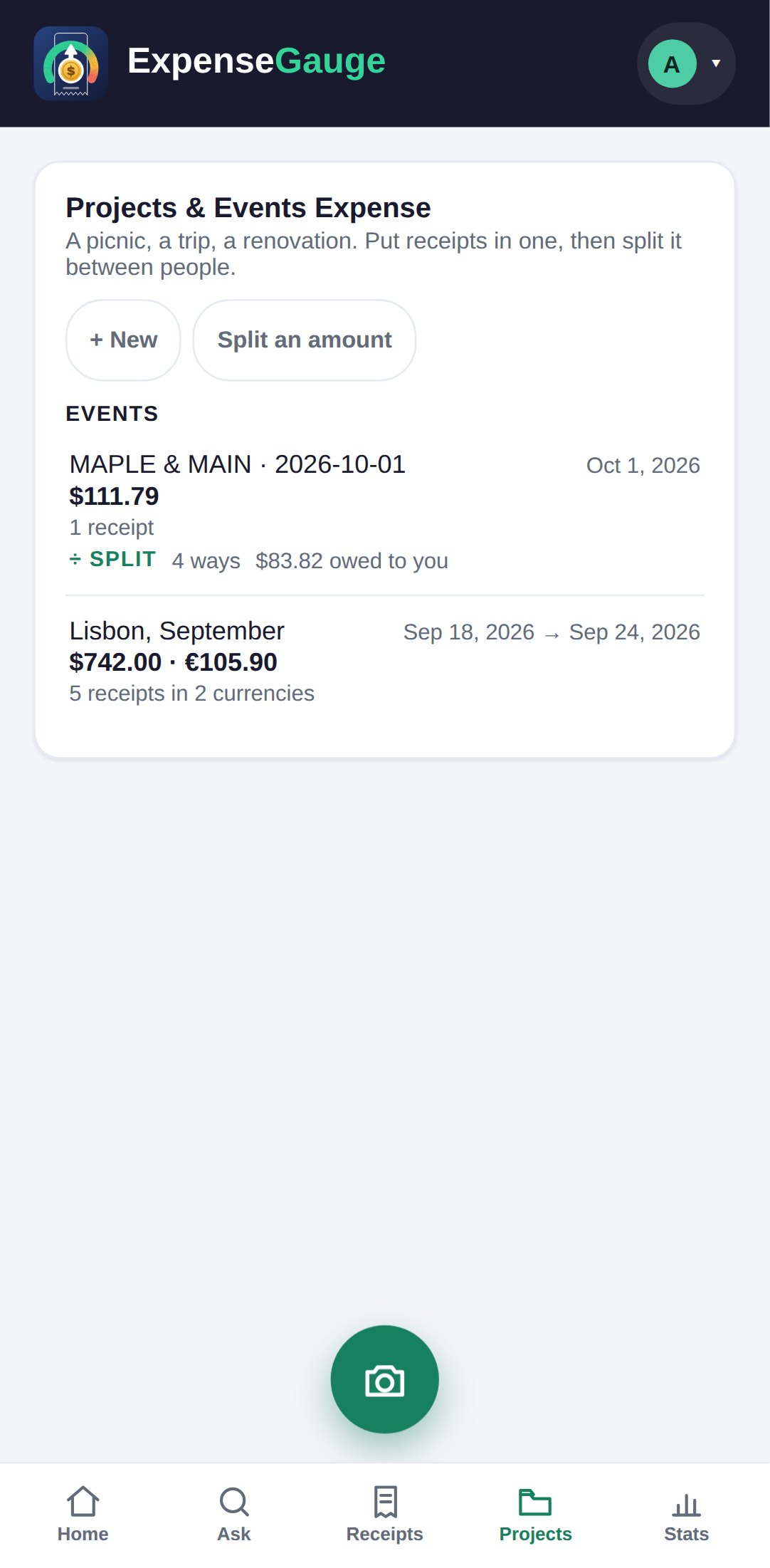 The Projects and Events screen of ExpenseGauge on a phone with buttons for a new project and for splitting an amount. Two events are listed: the Maple and Main receipt of 1 October, split four ways with $83.82 owed, and Lisbon, September, from 18 to 24 September, $742.00 and &euro;105.90 across five receipts in two currencies.