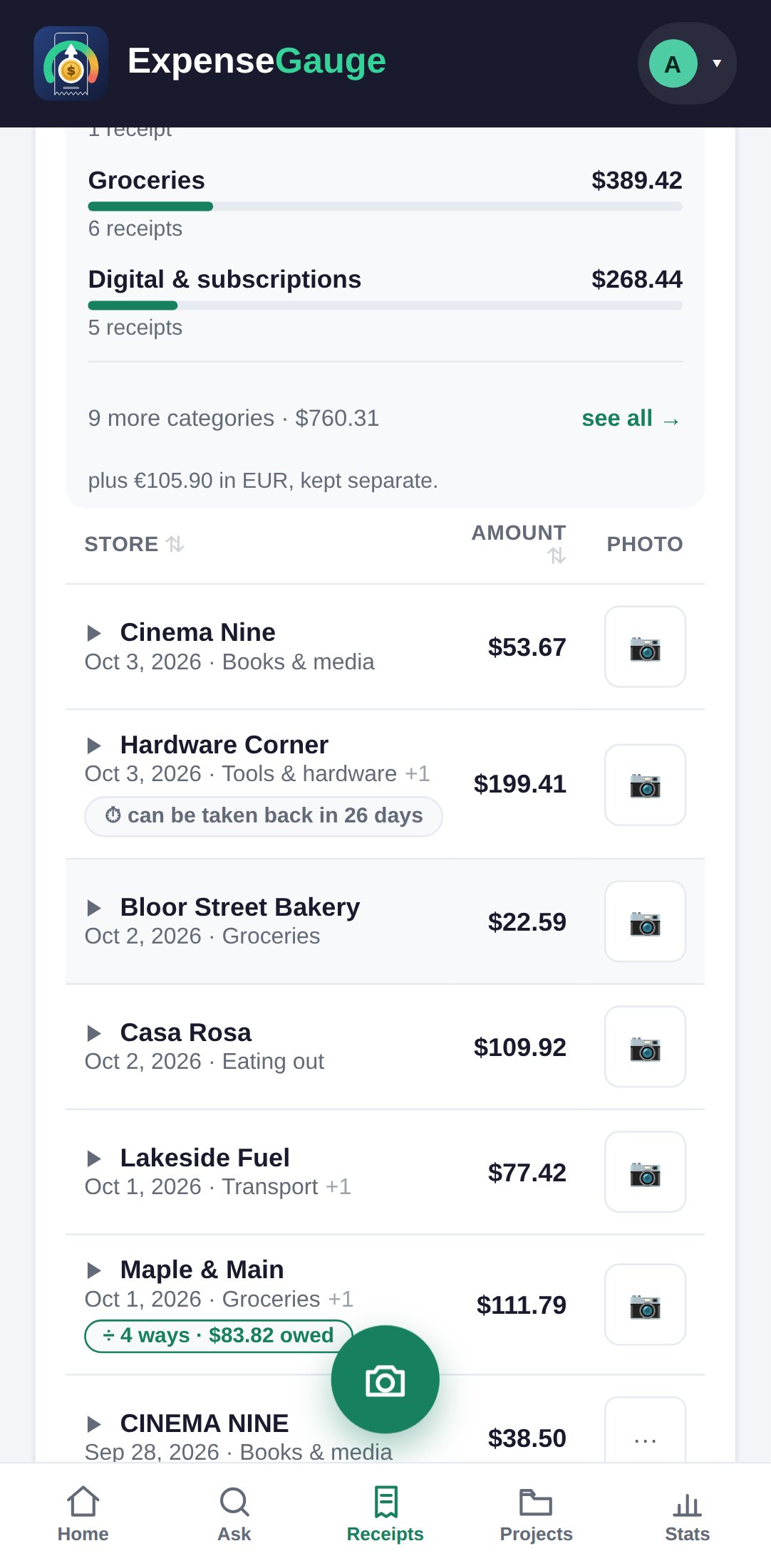 The receipts list of ExpenseGauge on a phone. The Hardware Corner receipt of 3 October for $199.41 carries a line reading: can be taken back in 26 days. Around it are other receipts with their dates, categories and amounts.