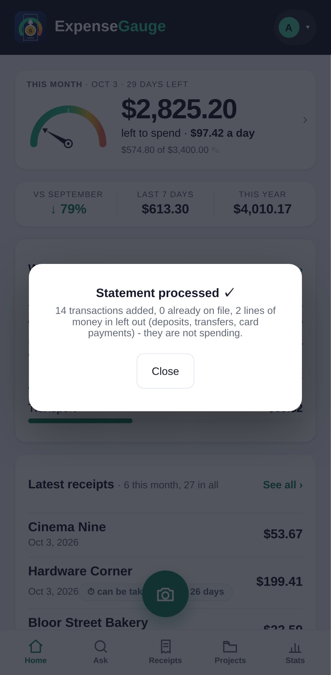 The ExpenseGauge home screen on a phone with a card in front of it reading: statement processed. Underneath, how many transactions were added, how many were already on file, and that the money that came in was left out because it is not spending.
