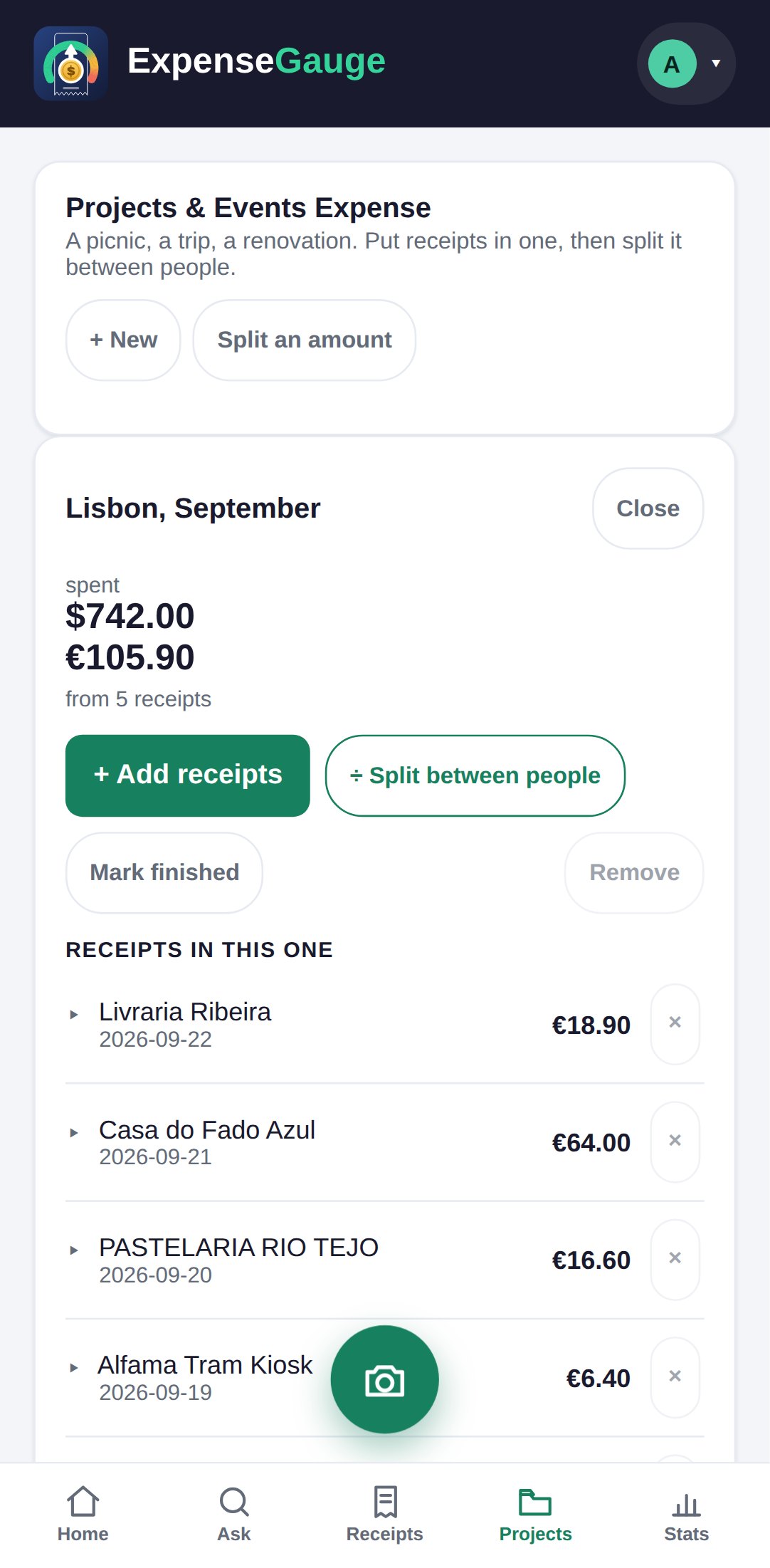 A project in ExpenseGauge on a phone called Lisbon, September. It shows $742.00 and &euro;105.90 spent, from five receipts, with buttons to add receipts and to split between people, and the receipts in it listed below, from Livraria Ribeira at &euro;18.90 to Alfama Tram Kiosk at &euro;6.40.